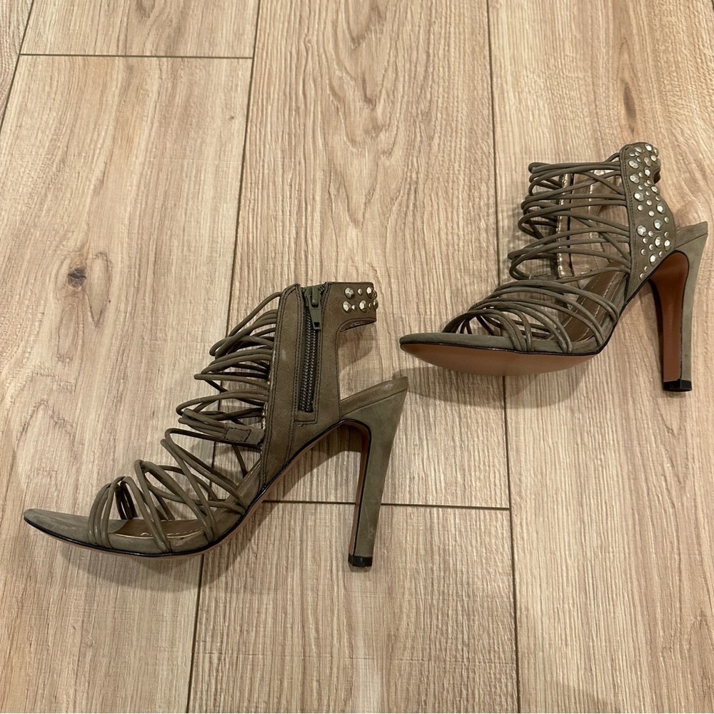 NWT BCBGeneration Pasha High Heel Sandals Dark Moss Kidskin Suede Studded - Picture 8 of 12